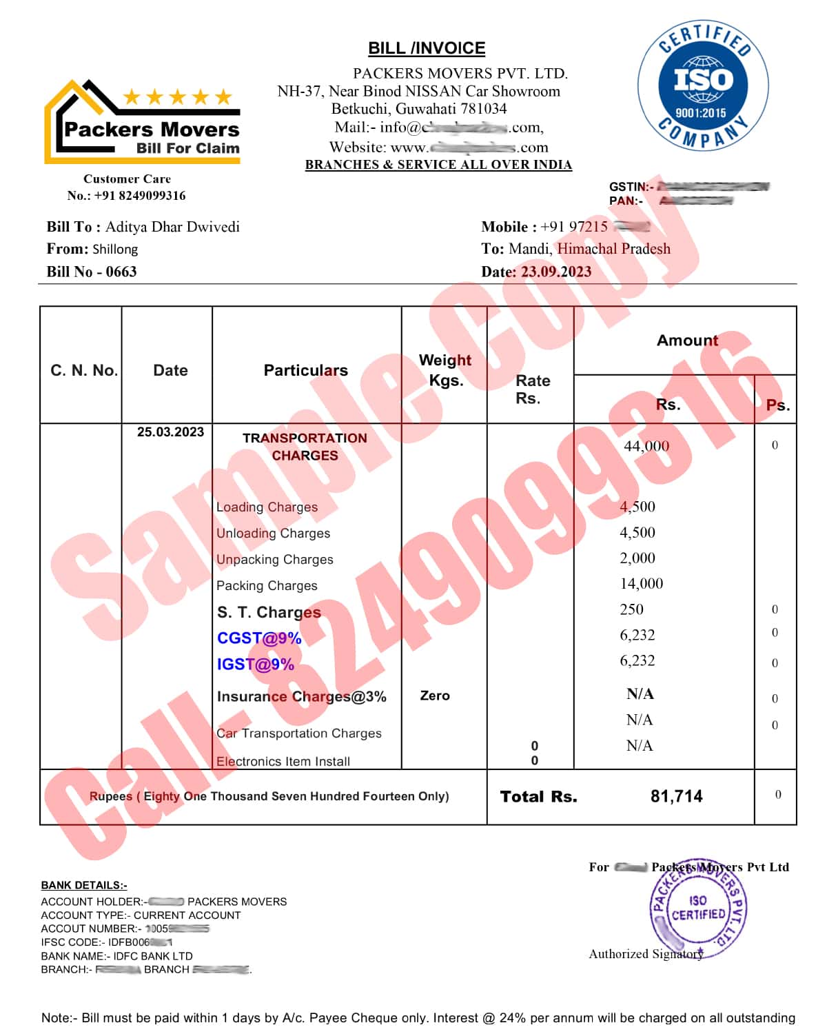 Genuine Packers and movers Bill for claim – GST Verified